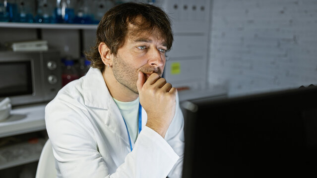Pensive man with beard in lab coat analyzing data on computer in laboratory setting