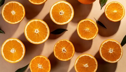 background of oranges, pattern of halved oranges on beige background