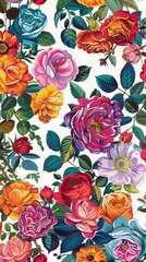 Design a vibrant wallpaper pattern featuring a variety of colorful flowers against a white background