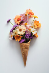 Bouquet of orange and purple flowers in Ice cream cone on white background.