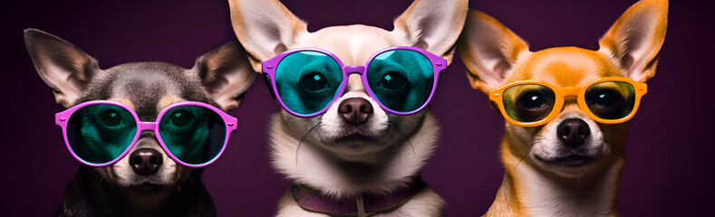 group of chihuahua dogs wearing colorful sunglasses on purple background