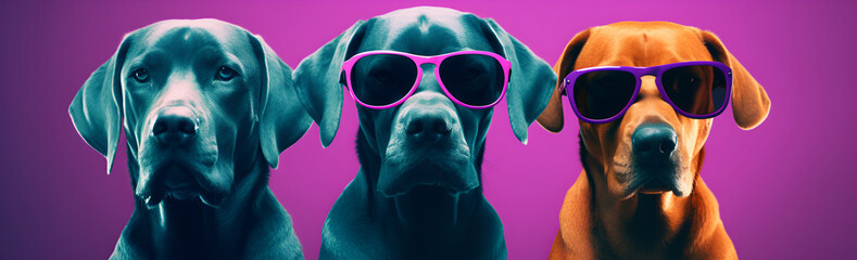 Group of three great dane dogs with sunglasses isolated on purple background