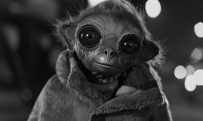 cute furry practical alien creature vintage black and white still from old movie