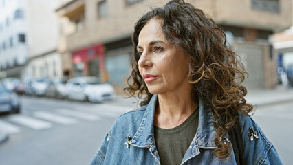 Fototapeta premium A thoughtful middle-aged hispanic woman with curly hair in a denim jacket stands outdoors on a city street.