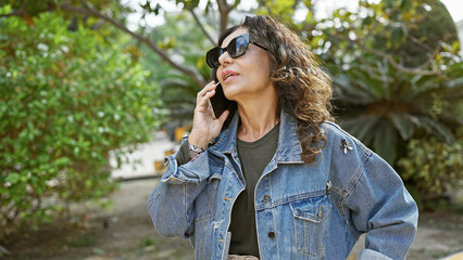 Mature hispanic woman with curly hair talks on phone in sunny outdoor park.