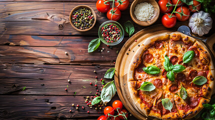 Italian pizza on wood table with ingredient