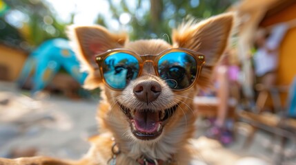 A close-up of a charming Chihuahua wearing blue sunglasses, happy dog