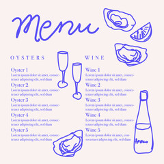 Seafood restaurant menu template with hand-drawn seafood delicacies. Sample design. Brand style vector illustration. Hand-drawn wine bottles, glasses, oyster shells and lemon vector illustration.  - 756482107