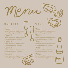 Seafood restaurant menu template with hand-drawn seafood delicacies. Sample design. Brand style vector illustration. Hand-drawn wine bottles, glasses, oyster shells and lemon vector illustration. 