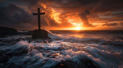 A solitary cross stands resilient on a rocky shore with waves crash around the cross for good friday background.