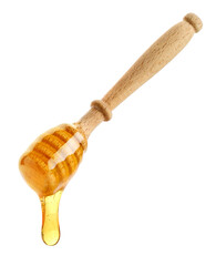 Wooden honey dipper with honey drop on white background - 756482352