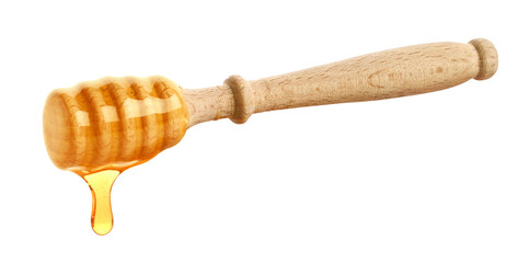 Wooden honey dipper with honey drop on white background - 756482353