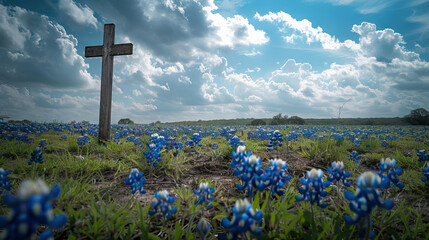 Crucifixion Of Jesus Christ On bluebonnets fields for Holy Saturday background.