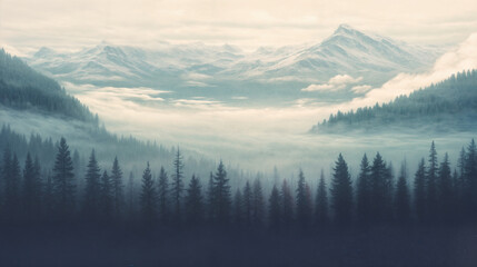Mist-covered mountain range dominated by towering pine trees. Fog shrouds peaks, creating mysterious and somber atmosphere. Dense forest below adds depth to composition - obrazy, fototapety, plakaty