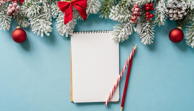 top view image of a santa s wish list letter with festive decorations pine branches in hoarfrost and holly berries on a pastel blue background with blank space for text
