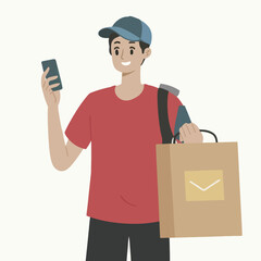 2d vector illustration A courier wearing a shirt is delivering a package mobile with location gps