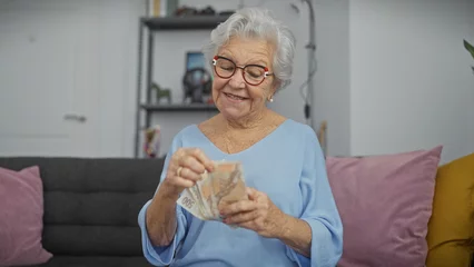 Foto op Plexiglas A cheerful senior woman counts czech koruna currency indoors, sitting in her cozy living room © Krakenimages.com