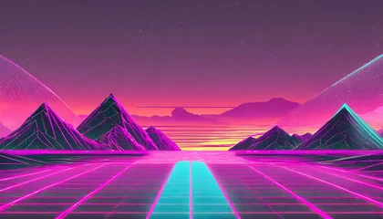 Poster Aubergine synthwave 3d retro cyberpunk style landscape background banner or wallpaper bright neon pink and purple colors