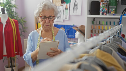 A senior woman with glasses and a measuring tape takes notes in a colorful tailor shop with...