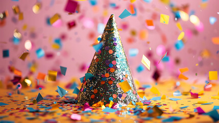 Colorful party hat on a yellow table with a pink background. Confetti is falling around the hat.