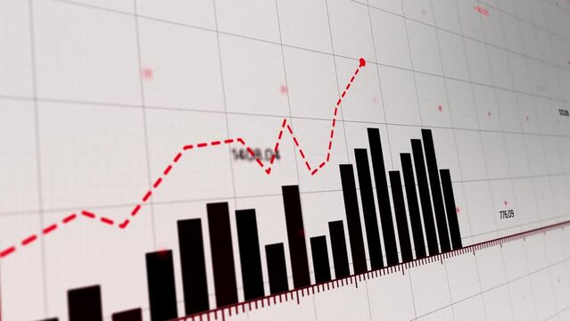Digital finance animation depicting a rising negative trend with black bars, red growth line, and upward arrow, symbolizing economic challenges and market risks.