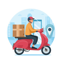 2d vector illustration A courier wearing a shirt is delivering a package mobile with location gps

