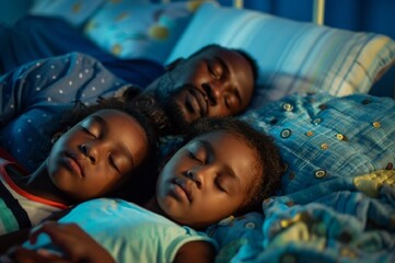 High resolution photo: African American father puts his children to bed, his daughter and son sleep on the same bed, a moment of family happiness