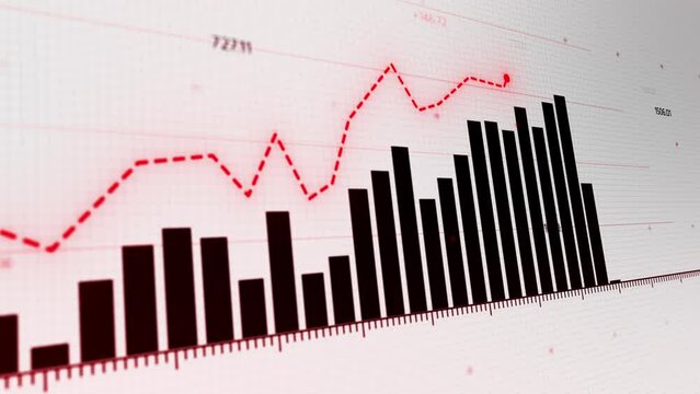 Animated financial market analysis with fluctuating crypto trade values, showcasing rising and falling graphs, dynamic bar diagrams, and a vibrant red ticker line.