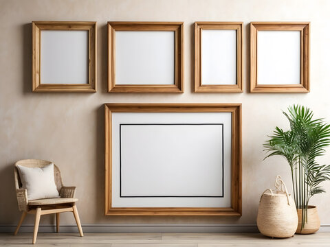 A wall with a bunch of frames on it, a minimalist painting design.