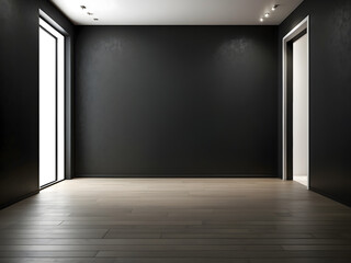 an empty room with black walls and wooden floors, a minimalist painting design.