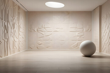 An empty room with embossed geometric patterned walls design.