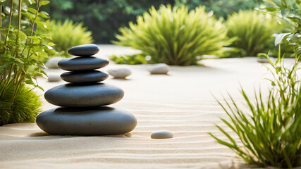 zen stones in the garden on the sand, zen and meditation concept