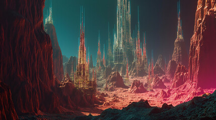 Colossal structures in the form of interconnected spires glow with bioluminescent patterns, transforming the desert into a vibrant cityscape. The architecture's intricate details and ambient lighting  - obrazy, fototapety, plakaty