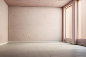 An empty room with embossed geometric patterned walls design.