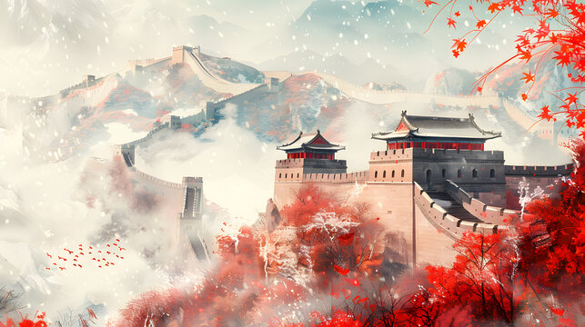 Images of Chinese temple and the Great Wall are symbols of China. Winter season, using alcohol ink, banner, Power Point presentation. on white background.