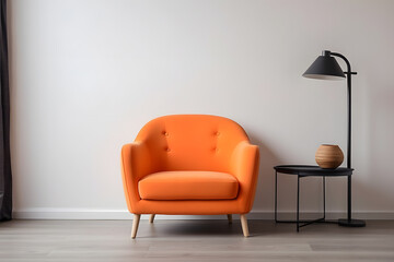 An orange chair next to a potted plant on a hardwood floor, a 3D render design.