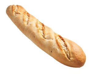 Isolated fresh french baguette on white background, depicting bakery, crust, bread, food, baked, loaf, traditional, carbohydrate, nutrition, culinary.