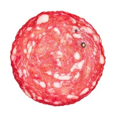 Close-up of a single slice of salami isolated on a white background