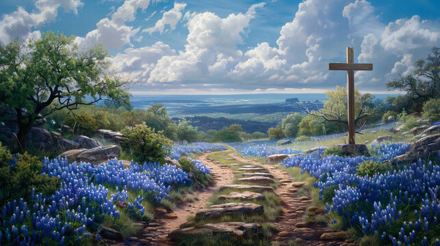 Cross with bluebonnets blooming in along roadsides on cloudy sky for Holy Saturday background. - Powered by Adobe