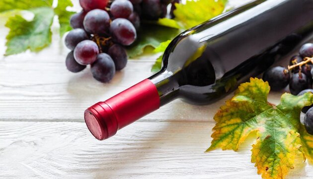 top view of a bottle of red wine on a white background with a frame of fallen leaves and grapes blank space for product placement or advertising text