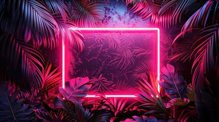 rectangle neon frame on tropical palm leaves, poster style