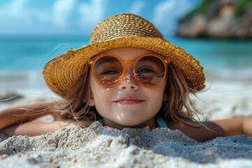 A girl lies on a sandy beach, wearing a hat and oversized sunglasses, radiating joy