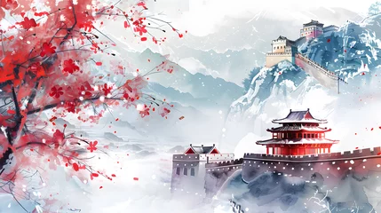 Papier Peint photo Montagnes Images of Chinese temple and the Great Wall are symbols of China. Winter season, using alcohol ink, banner, Power Point presentation. on white background.
