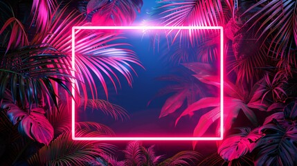 Fototapeta na wymiar rectangle neon frame on tropical palm leaves, poster style