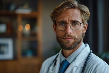 A young male doctor with glasses and stethoscope looks seriously at the camera inside a medical office - obrazy, fototapety, plakaty