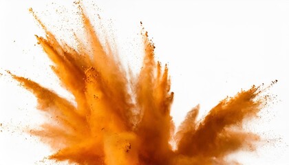 abstract orange powder explosion closeup of orange dust particle splash isolated on white background - obrazy, fototapety, plakaty
