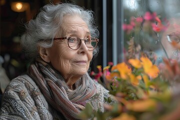 An elderly woman gazes thoughtfully out a window surrounded by vibrant flowers, expressing intrigue or contemplation