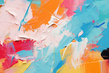 Detailed closeup of abstract, colorful art painting texture, featuring oil brushstrokes on canvas. AI generative