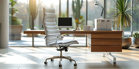 Contemporary Office Layout featuring a Desk and Chair in a Brightly Lit Space. Concept Contemporary Office Layout, Desk and Chair, Brightly Lit Space