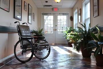Fototapeta na wymiar An empty wheelchair sits in a well-lit hallway, symbolizing solitude and mobility in healthcare settings